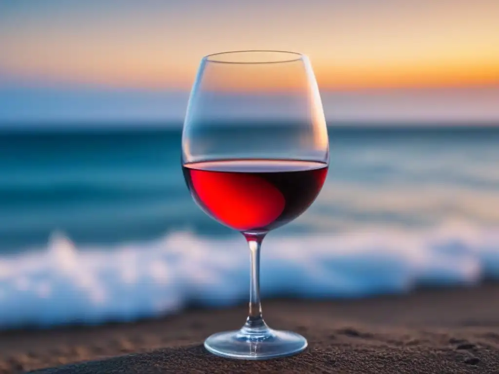 Un elegante vaso de vino tinto frente al mar en atardecer, reflejando sofisticación y tranquilidad