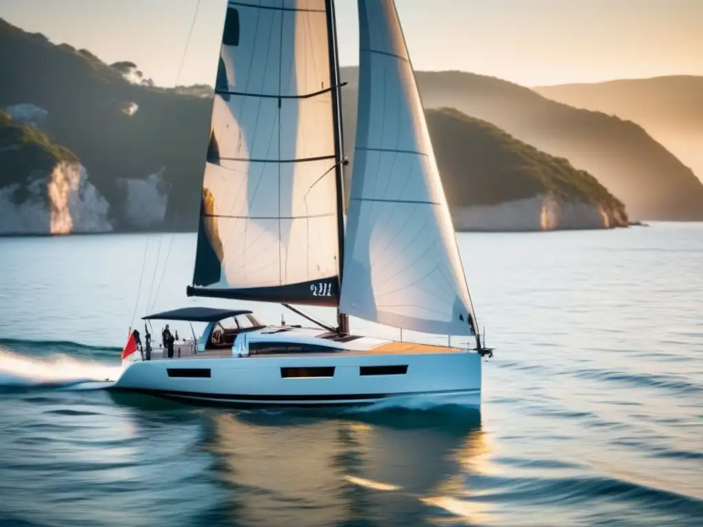 Elegante velero de alto rendimiento cortando aguas cristalinas al atardecer, resaltando el equipamiento barco regata