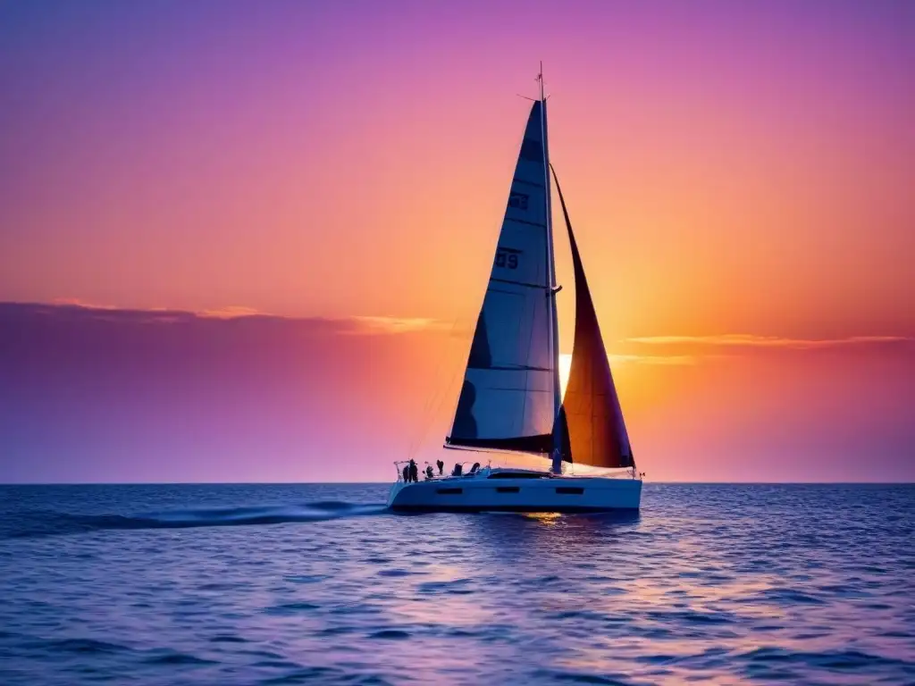 Un elegante velero navegando en el mar bajo un atardecer vibrante