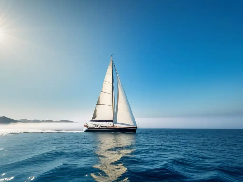 Un elegante velero surca sereno la vasta y brillante Ruta de la Seda Marítima bajo un cielo azul claro