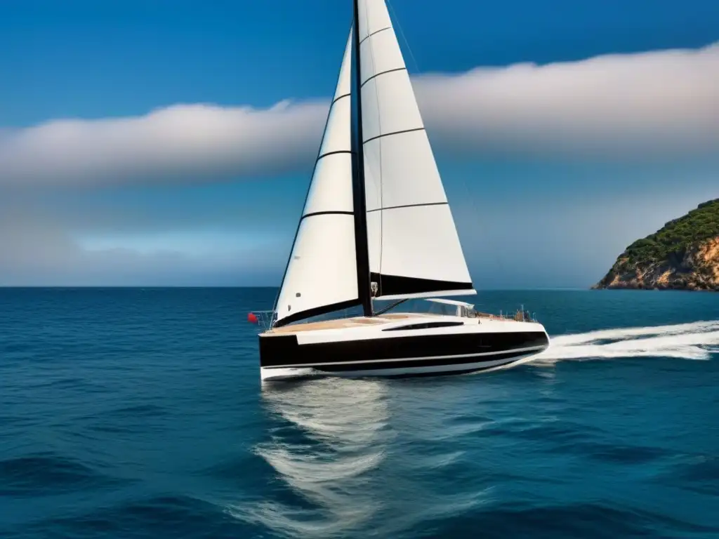 Elegante velero integrando tecnología en regatas marítimas, navegando en un océano sereno bajo cielo azul