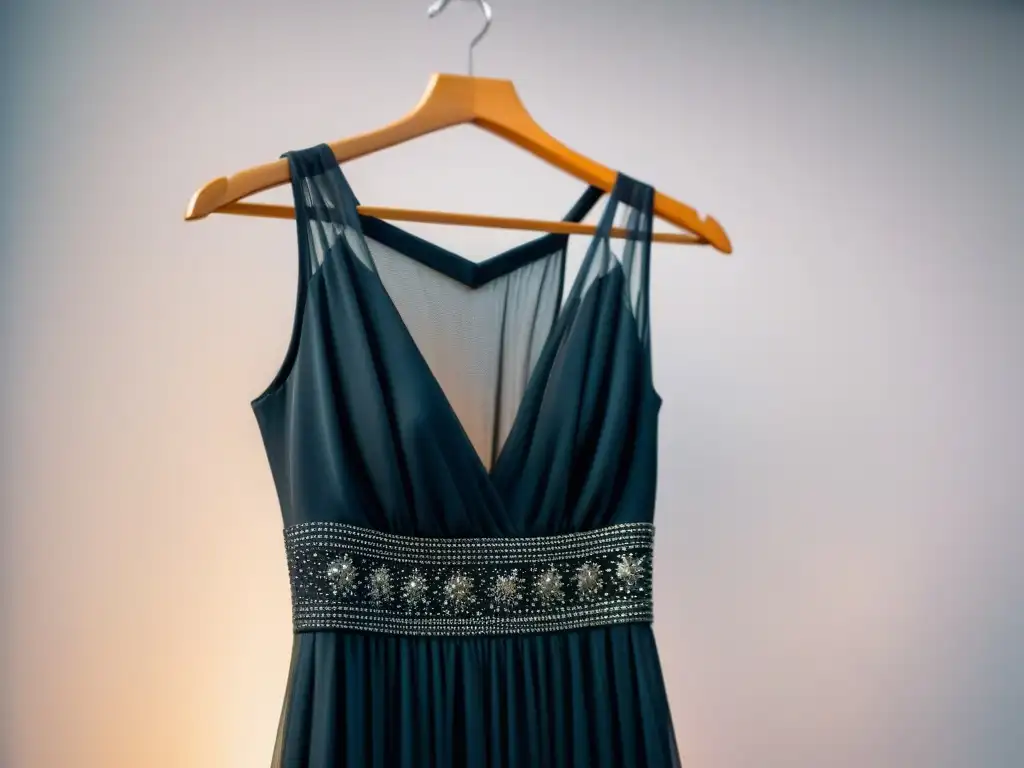 Un elegante vestido de noche negro colgado en un perchero cromado, ideal para una cena de gala en un crucero