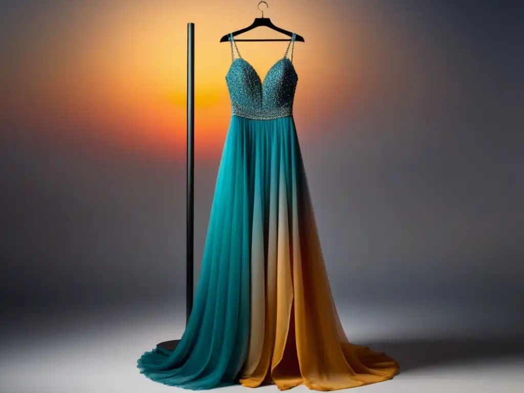 Un elegante vestido de noche colgando en un perchero moderno, con detalles de pedrería y tela fluida, en un fondo degradado que evoca un atardecer en el mar