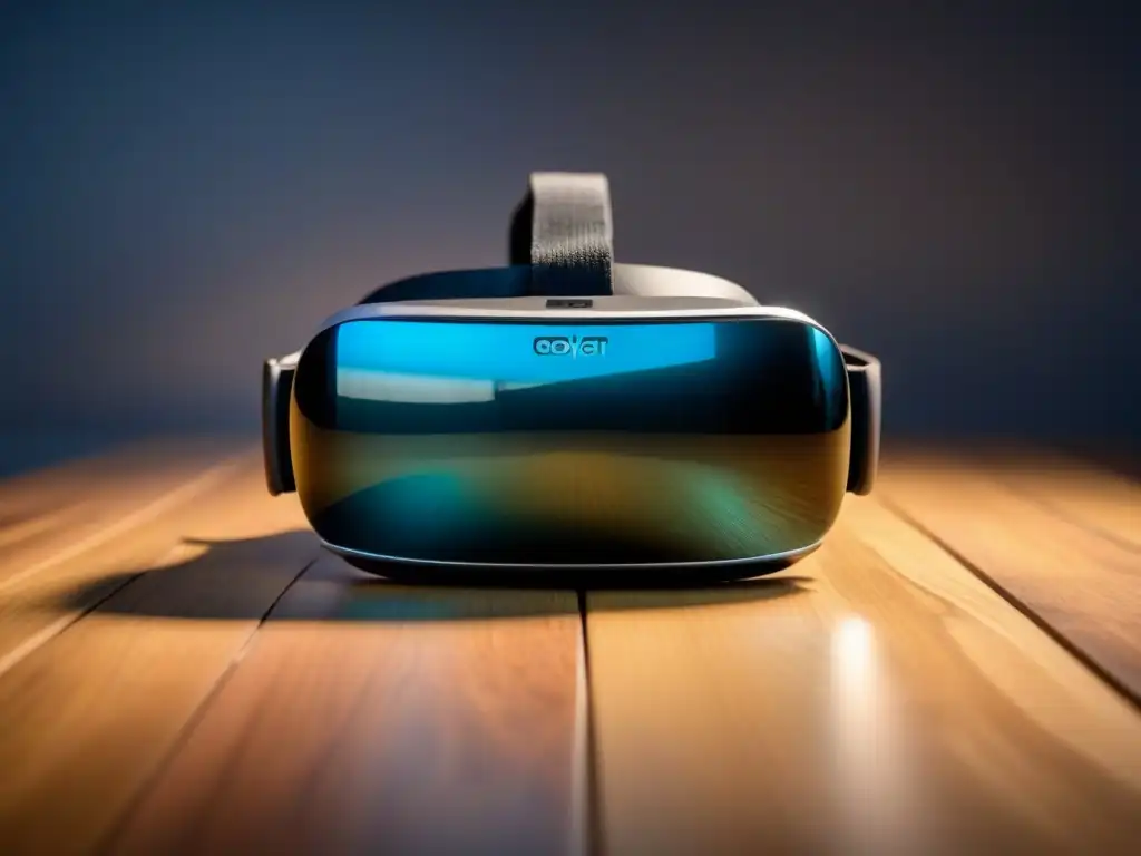 Un elegante visor de realidad virtual en una superficie de madera pulida, iluminado por una suave luz ambiental