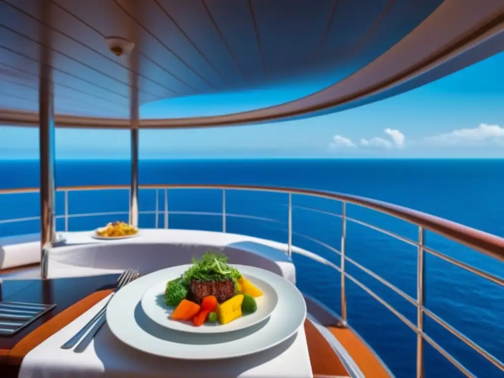 Elegante vista al mar desde un lujoso crucero, destacando relajación y menús veganos en cruceros marítimos