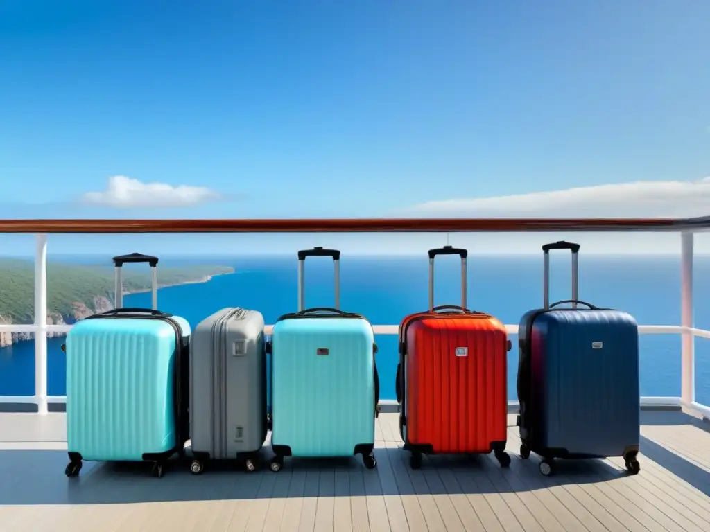 Elegantes maletas y mochilas para cruceros en cubierta blanca de barco, bajo el sol brillante y agua azul