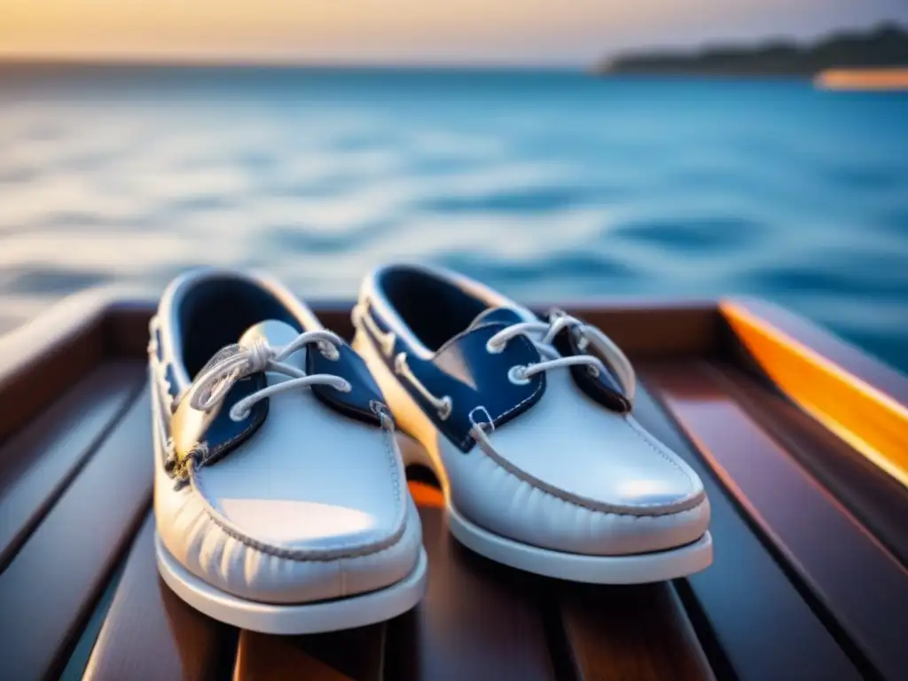 Elegantes zapatos de barco blancos sobre cubierta de teca, bañados por el cálido sol del atardecer sobre el mar