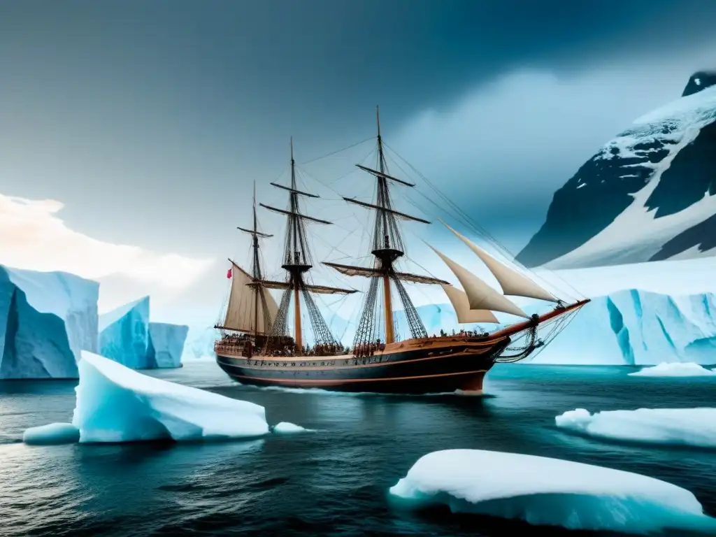 Embarcación de madera en el Ártico rodeada de glaciares y nevadas