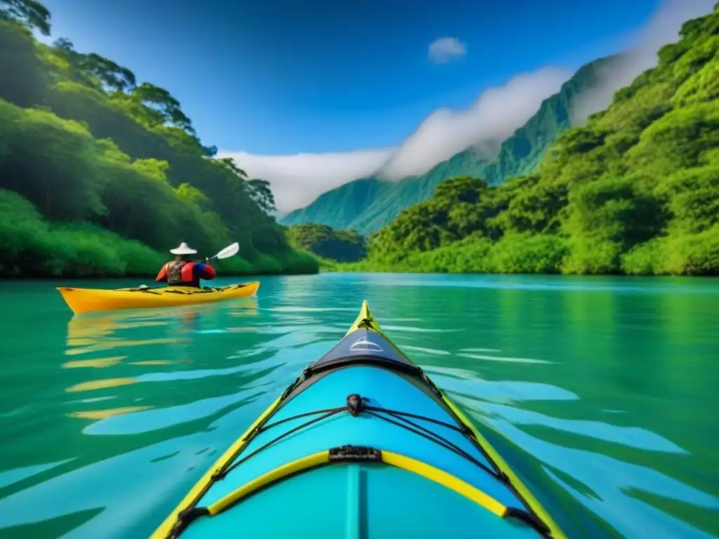 Emocionante excursión en kayak por aguas cristalinas bajo cielo azul rodeado de vegetación exuberante