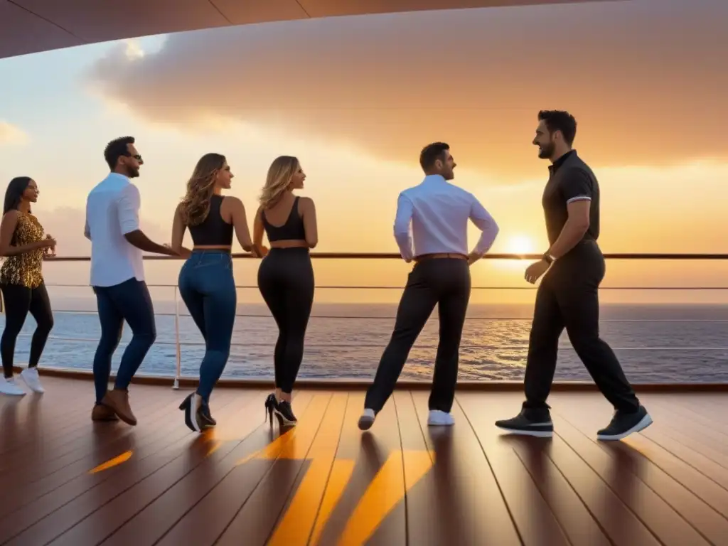 Un emocionante concurso de baile en un lujoso crucero al atardecer, con pasajeros bailando en sincronía