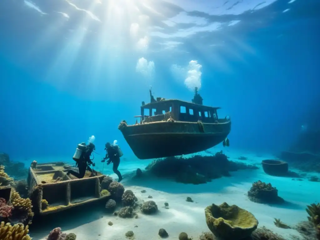 Emocionante equipo de arqueólogos subacuáticos descubriendo hallazgos en el fondo marino de una ruta de crucero