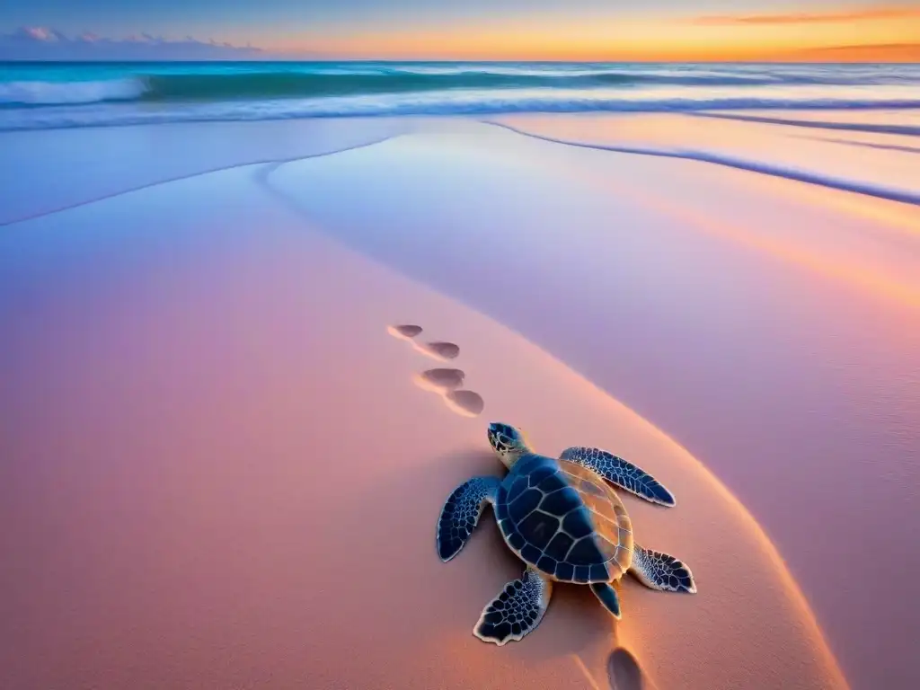 Emocionante liberación de tortugas marinas al amanecer Emocionante escena de conservación marina: turistas liberan tortugas bebé al amanecer en playa de arena suave