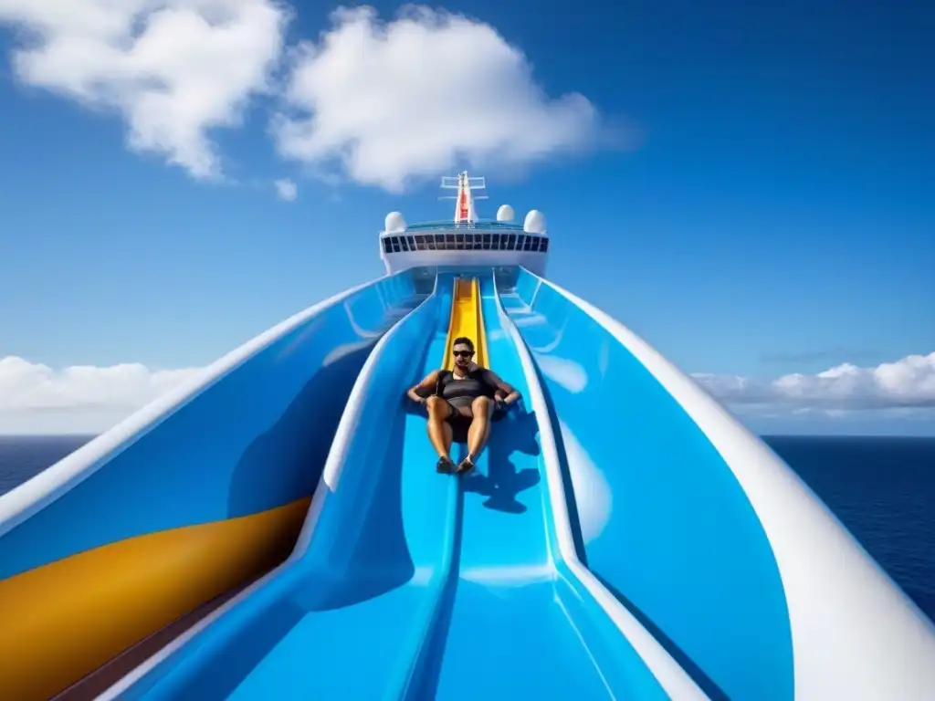 Emocionante tobogán acuático en crucero con familias felices deslizándose, rodeados de mar azul