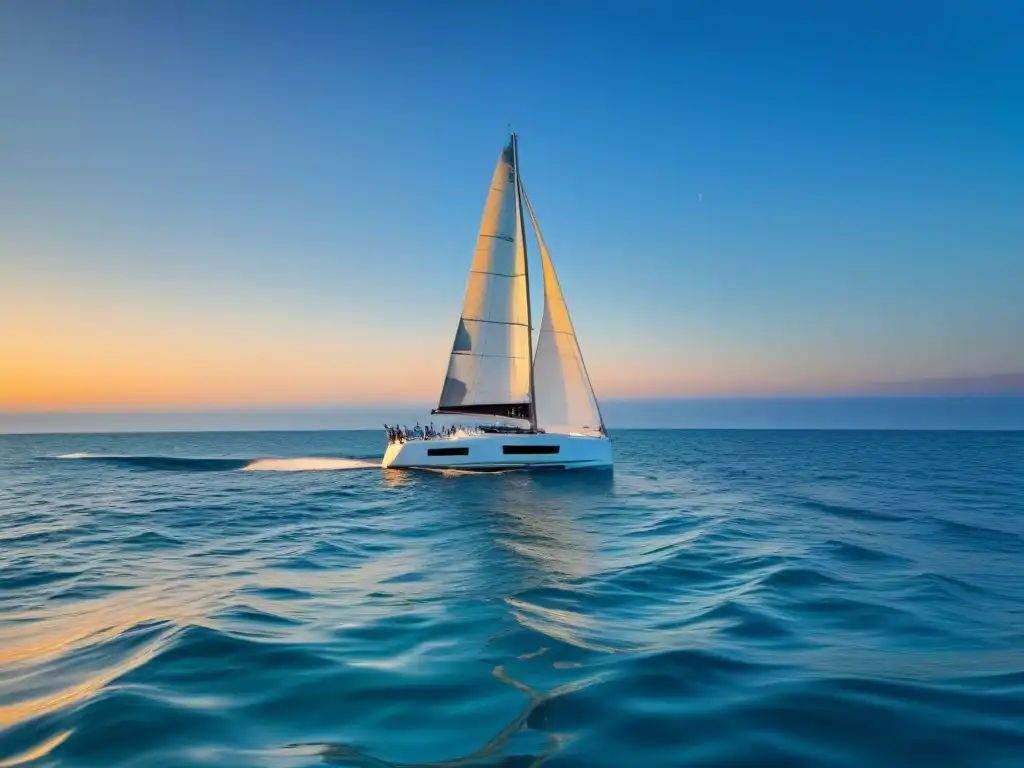 Emocionante vela turismo marítimo en las mejores rutas, con un velero elegante en aguas turquesas al atardecer