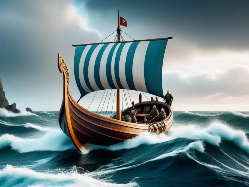 Emocionante ilustración de un drakkar vikingo navegando en mares agitados con una costa rocosa al fondo, en una paleta de colores azules y grises