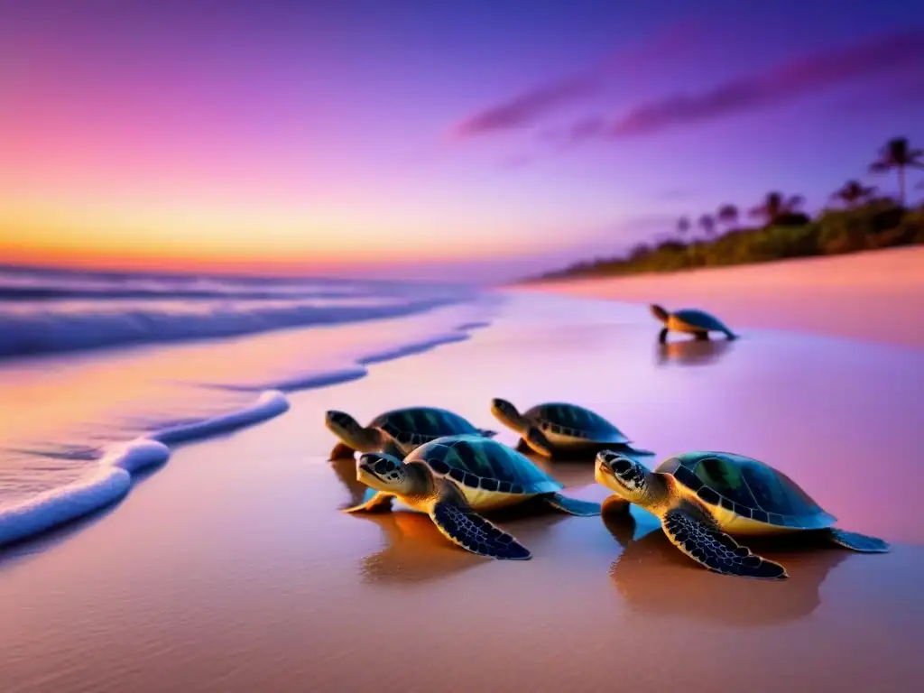 Emotiva liberación de tortugas marinas al atardecer Emotiva escena de conservación marina: voluntarios liberan crías de tortugas marinas al atardecer en una playa paradisíaca