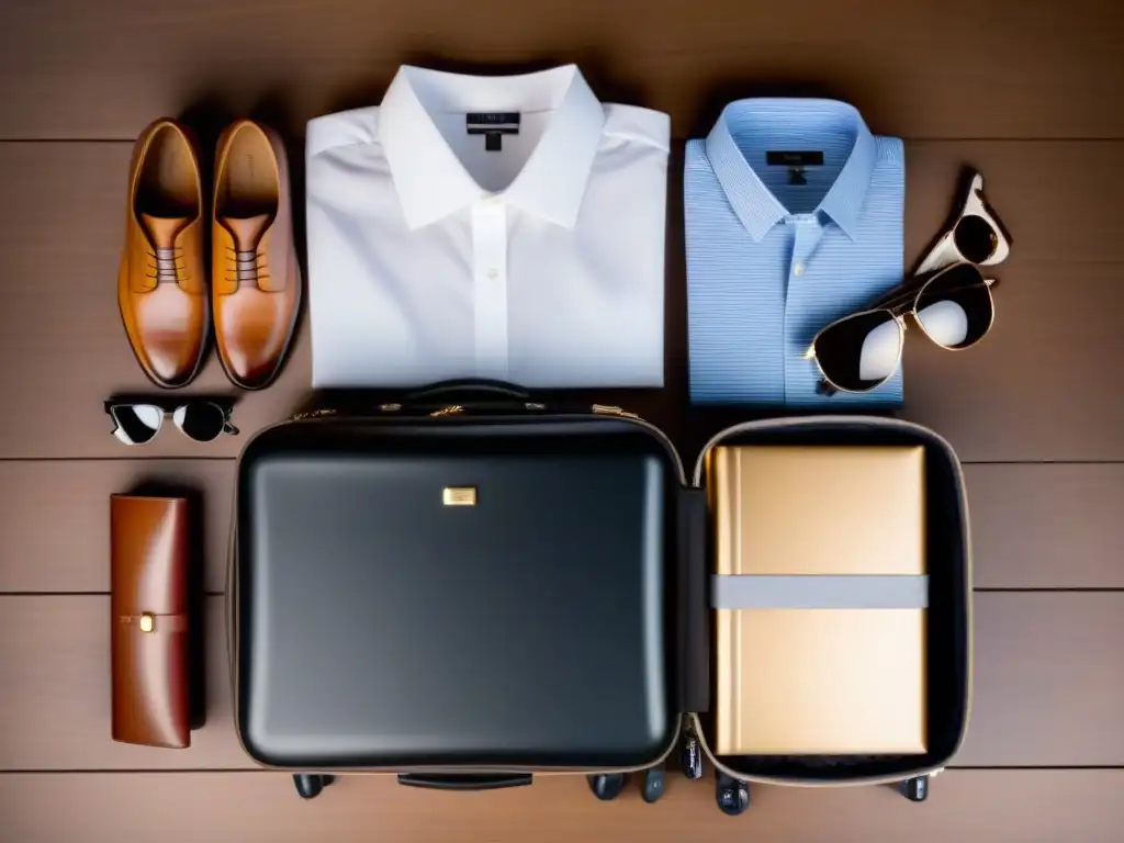 Empaque elegante y organizado para crucero de lujo, con ropa doblada, accesorios y artículos esenciales en maleta