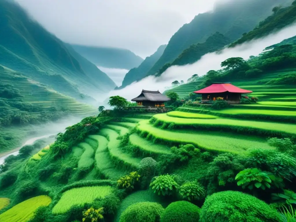 Encantador pueblo remoto en la niebla de montañas, casas de techo de paja y río serpenteante