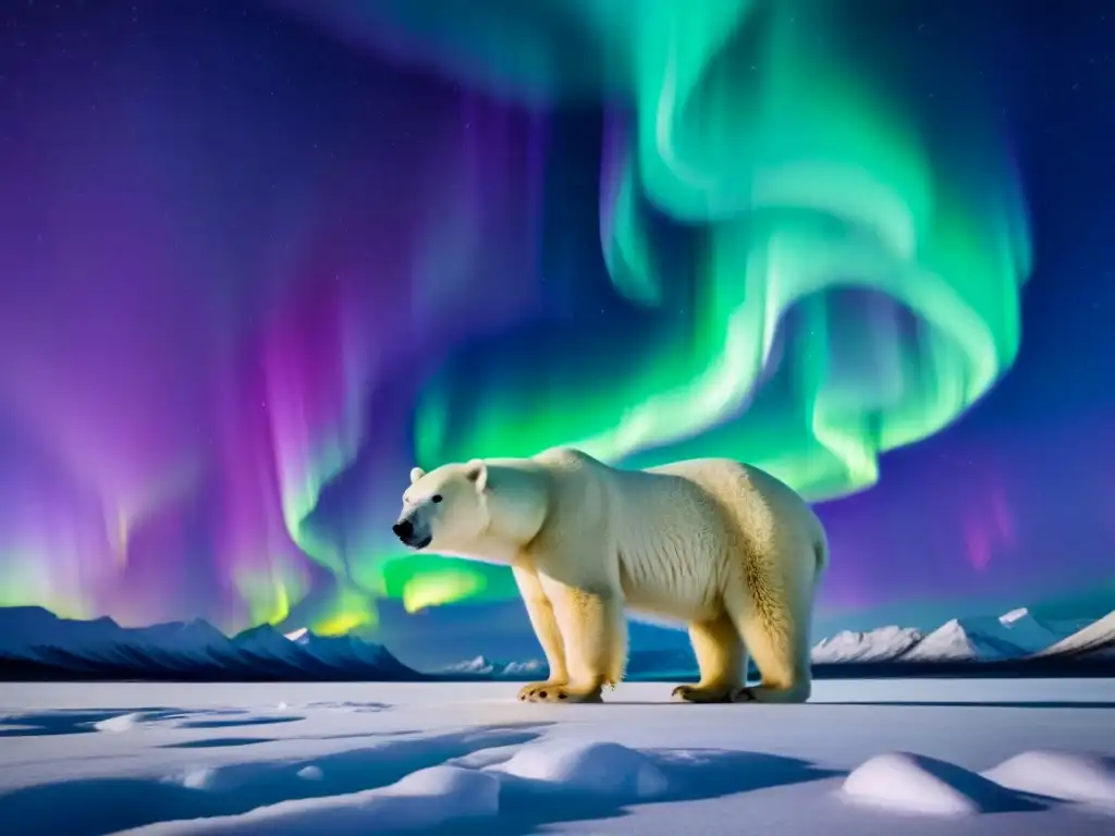 Encuentros salvajes en crucero polar: Majestuoso oso polar en paisaje ártico bajo la aurora boreal