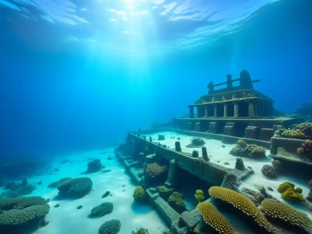 Un enigmático naufragio antiguo reposa en el fondo marino, rodeado de aguas azules cristalinas y coral vibrante, habitado por peces coloridos