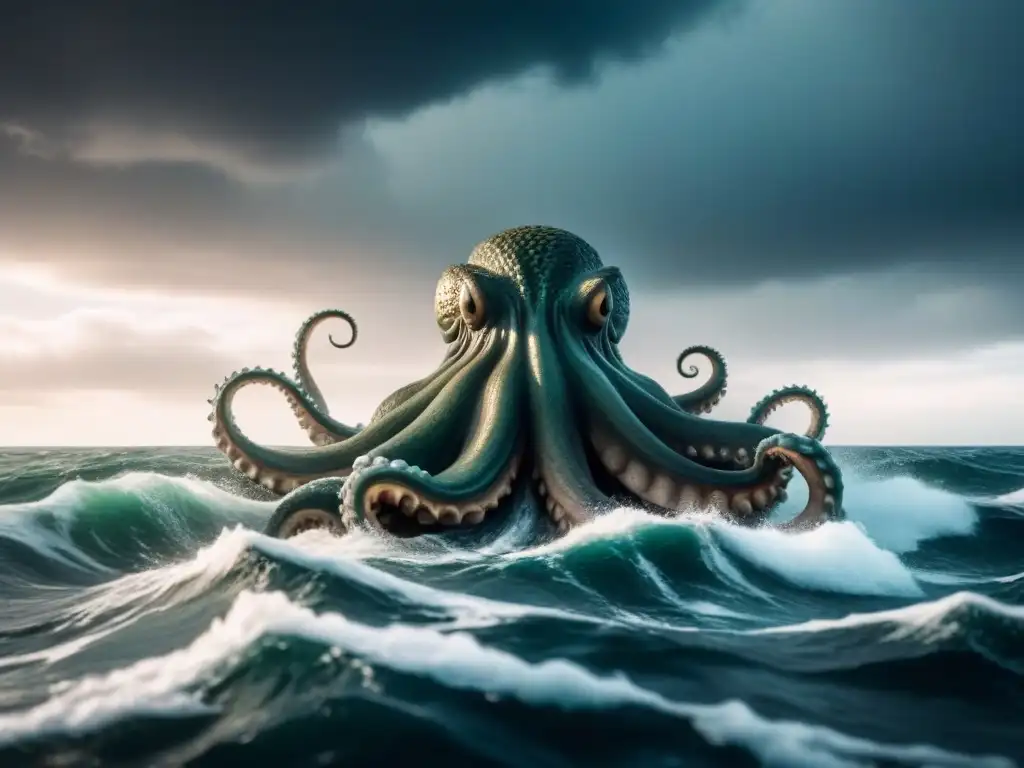 Enorme kraken emerge de las profundidades marinas en tormenta, iluminando con ojos misteriosos