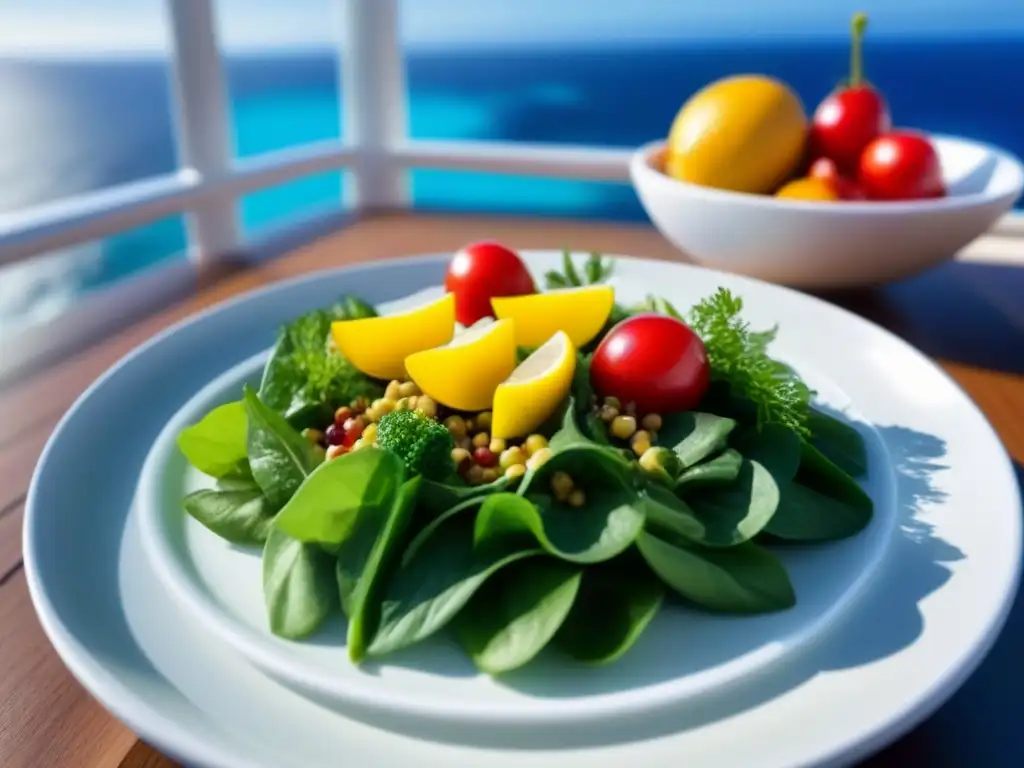 Una ensalada gourmet exquisita en un crucero de lujo, con ingredientes frescos y colores vibrantes, frente al mar