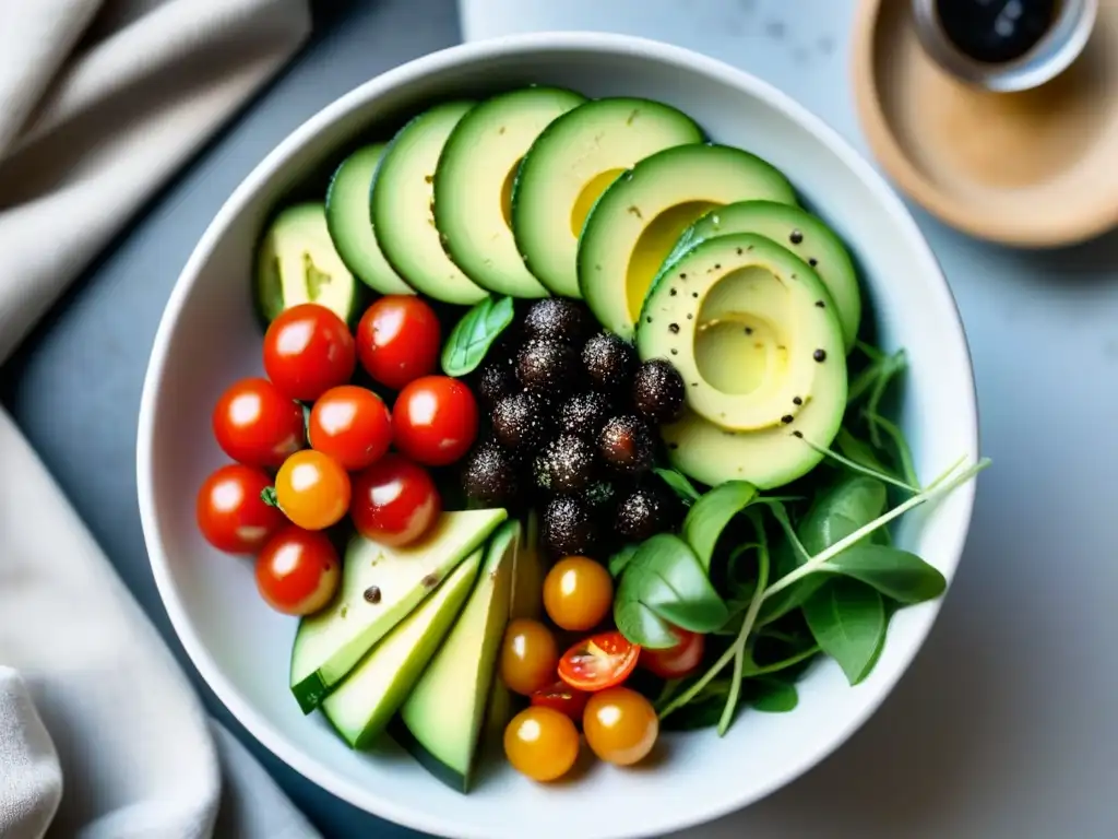 Una ensalada vibrante y colorida con ingredientes frescos, como tomates cherry, pepino, aguacate y semillas de sésamo, bañados en vinagreta balsámica