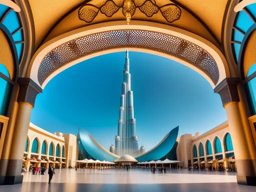 Entrada lujosa del Dubai Mall, resaltando su arquitectura detallada y sofisticada