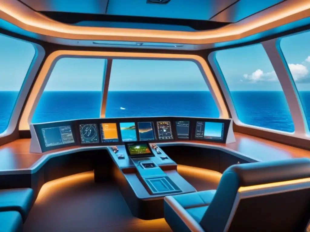 Entrenamiento para capitanes de simuladores de cruceros en sala futurista con panel de control avanzado y vista al mar virtual