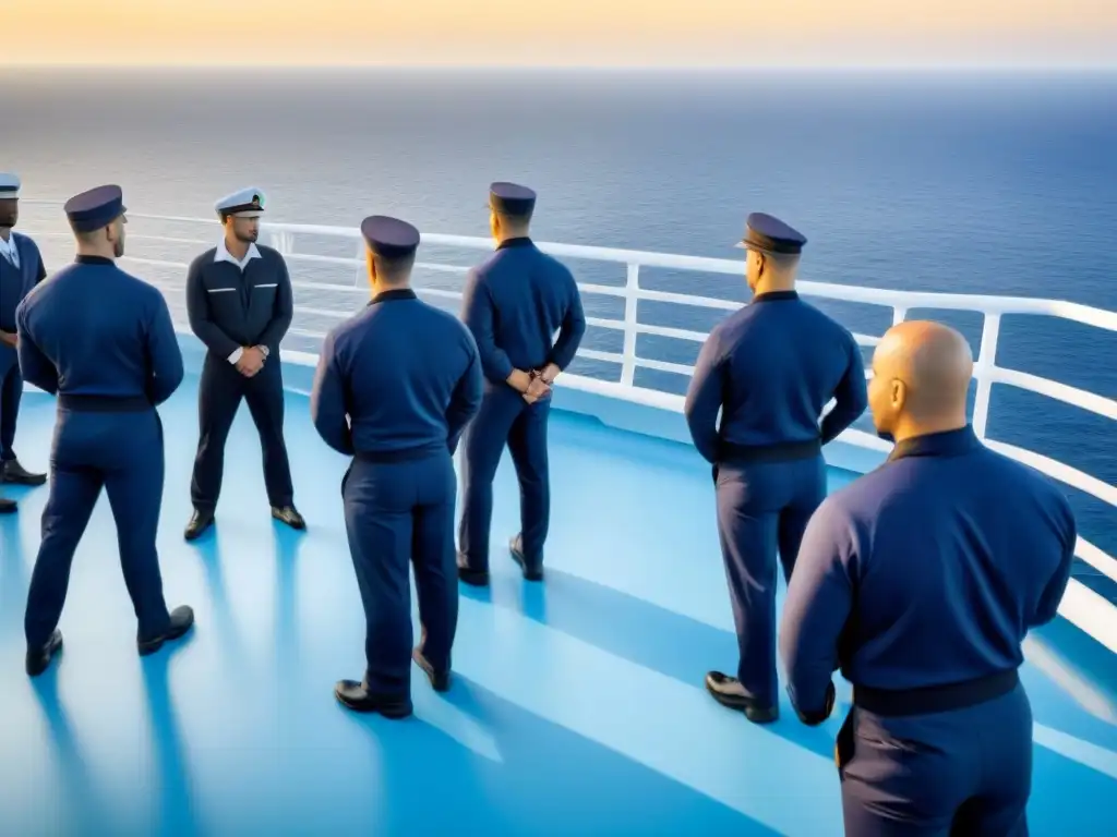 Entrenamiento de seguridad en cruceros: Tripulación diversa en ejercicio de seguridad en cubierta, listos y comprometidos