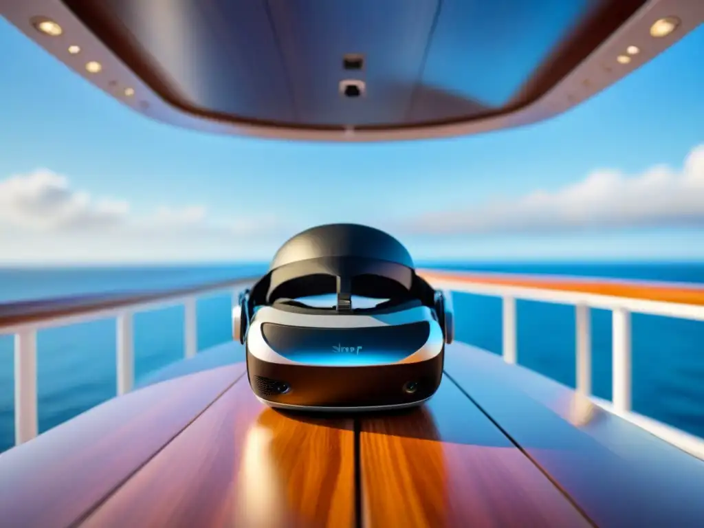 Descubre el entretenimiento virtual en cruceros marítimos con este moderno visor, en un entorno sereno y elegante