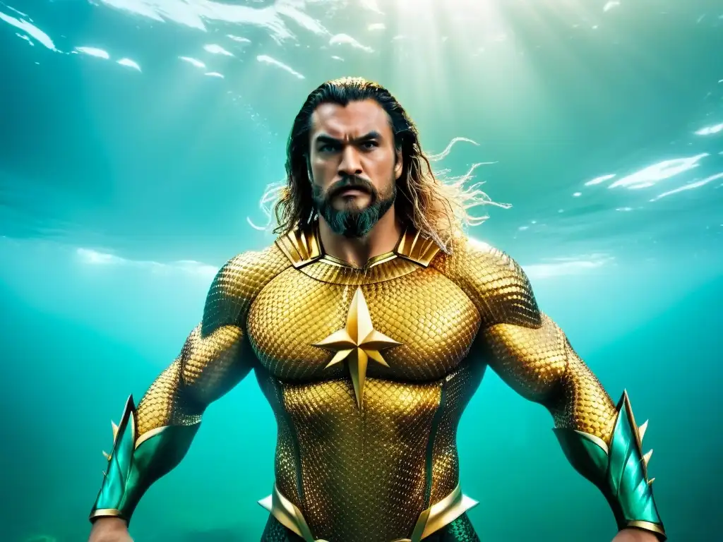 Una épica portada de cómic en 8k detallando a Aquaman en batalla submarina con criaturas míticas, mostrando su tridente y traje