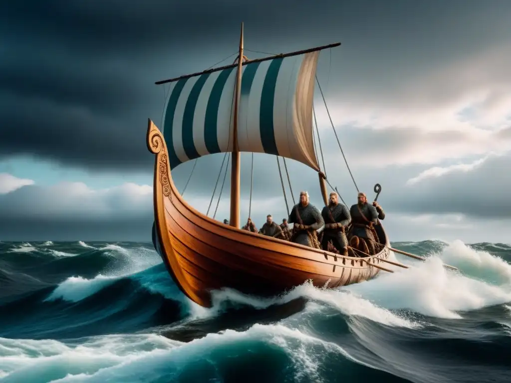 Un épico mito marítimo Vikingo en el Mar del Norte: un drakkar surca aguas turbulentas con vikingos en los remos bajo un cielo dramático