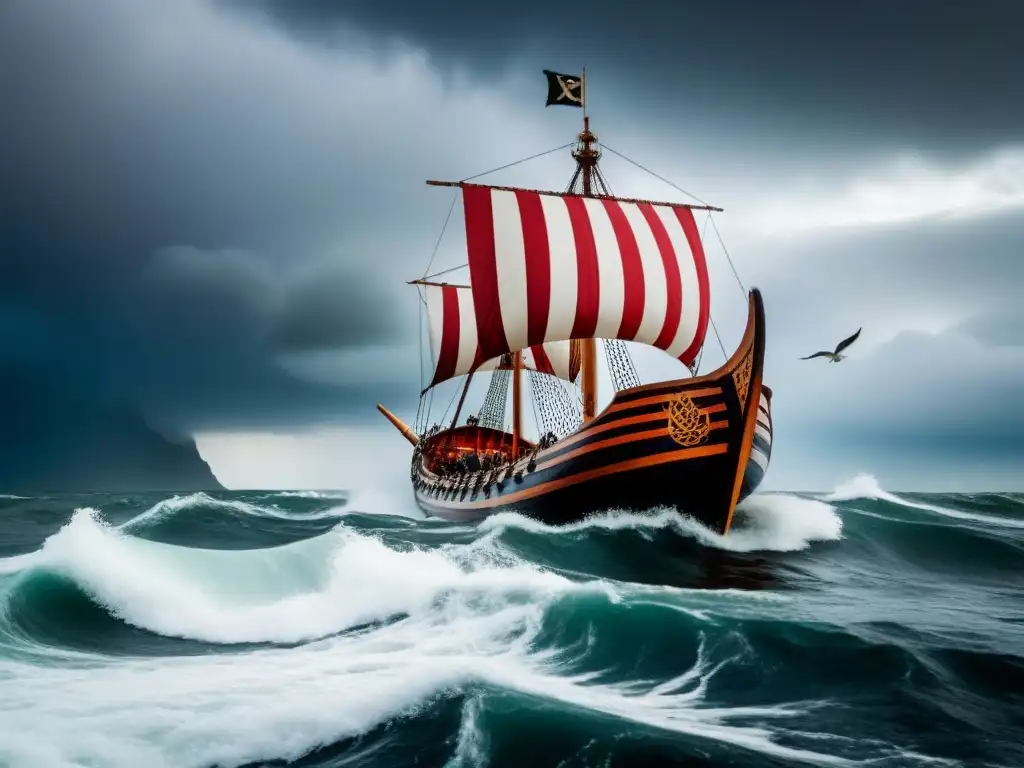 Épico navío vikingo surca el Mar del Norte en medio de tormenta