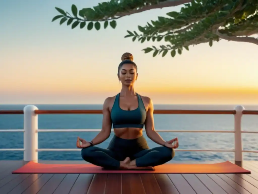 Equilibrio entre indulgencia y salud en un crucero al amanecer practicando yoga en cubierta