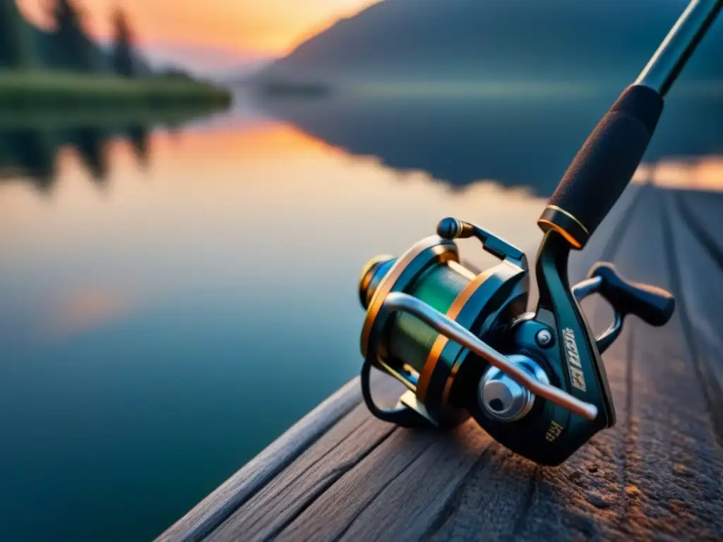 Equilibrio perfecto entre pesca deportiva y tecnología última generación en caña y carrete futuristas junto al lago al atardecer