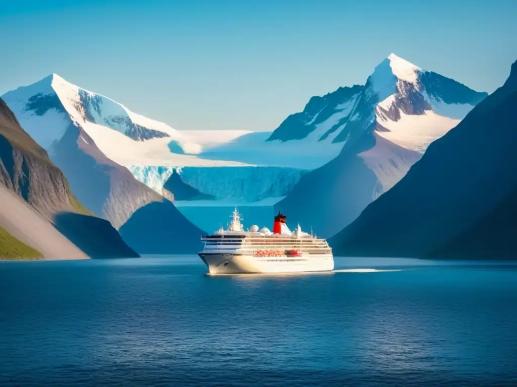 Equipaje Crucero Polar Fin Mundo: Nave blanca surca aguas heladas bajo el sol de medianoche en paisaje polar sereno