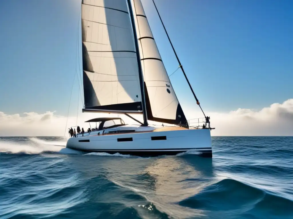 Equipamiento de barco de regata de alto rendimiento en el mar azul sereno y cielo despejado