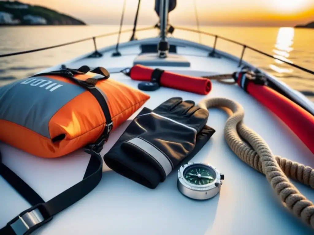 Equipamiento para regata en cubierta de barco: vida, cuerdas, guantes y brújula, listos para zarpar