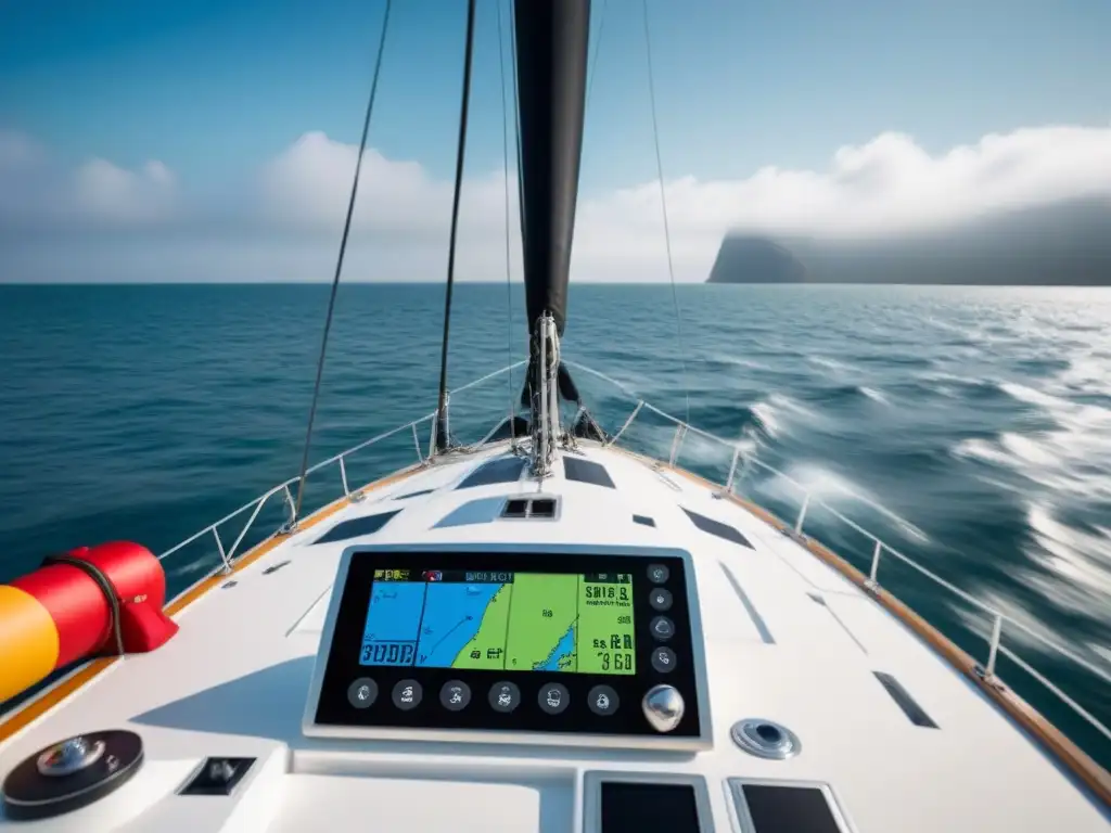 Equipamiento de regata: Sistema de comunicación de alta tecnología en velero de carreras, mostrando datos de navegación en tiempo real