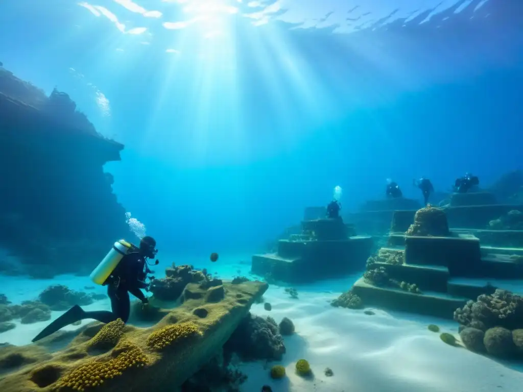 Equipo de arqueólogos subacuáticos explorando ruinas de Atlantis en un crucero de sitios arqueología subacuática