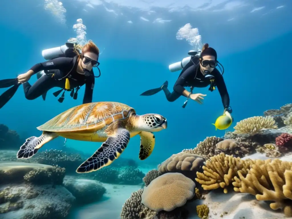 Equipo de biólogos marinos en acción en crucero de conservación marina, etiquetando tortugas marinas en arrecife vibrante