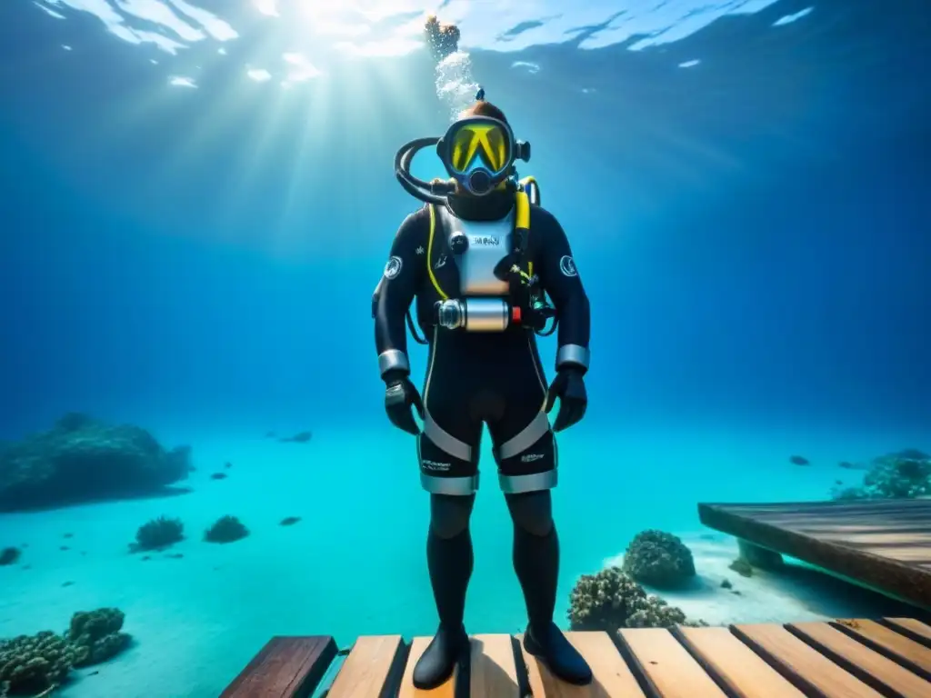 Equipo de buceo moderno en muelle de madera junto al mar Caribe, listo para arqueología subacuática en cruceros