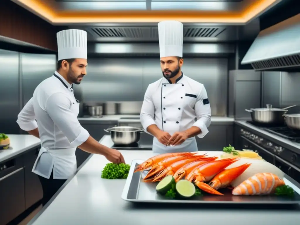 Un equipo de chefs profesionales preparando exquisitos platillos de mariscos en la elegante cocina de alta gama en cruceros