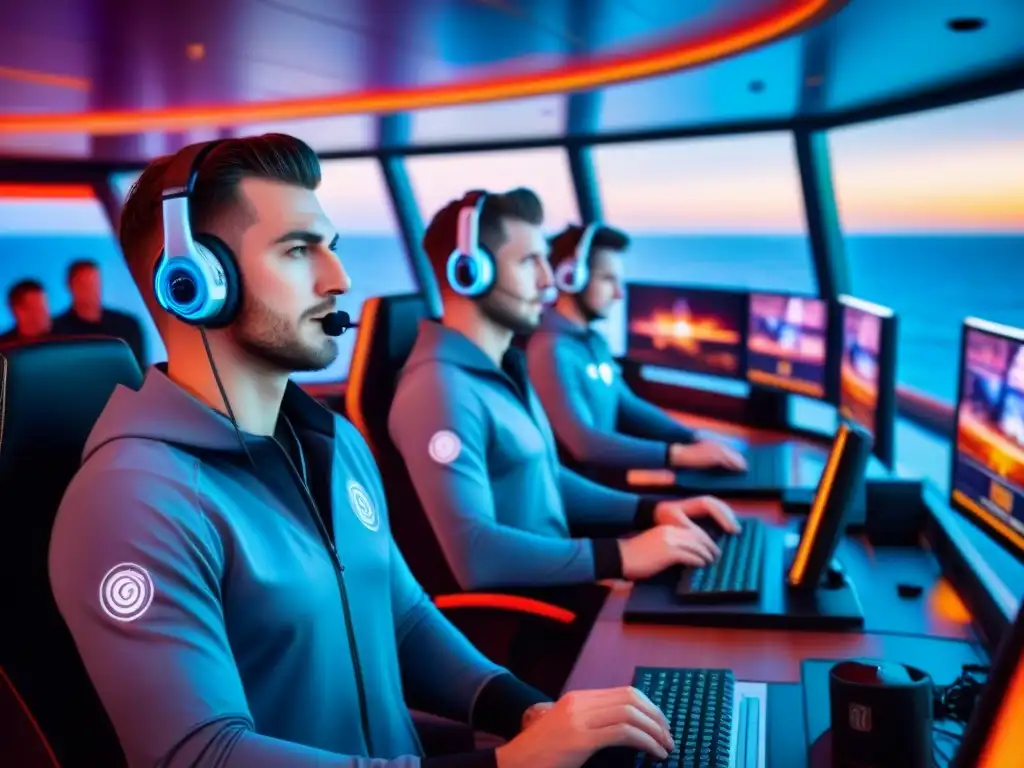 Equipo de competiciones esports en cruceros, en acción frente al mar al atardecer