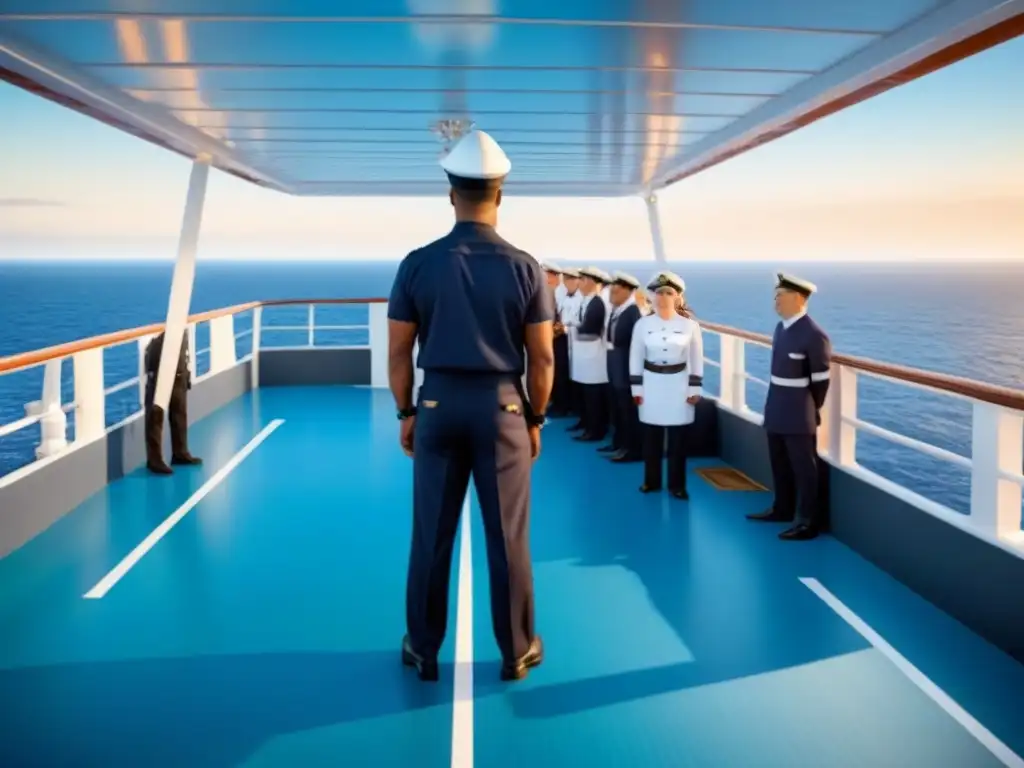 Equipo de tripulación de crucero practicando entrenamiento de seguridad en el mar