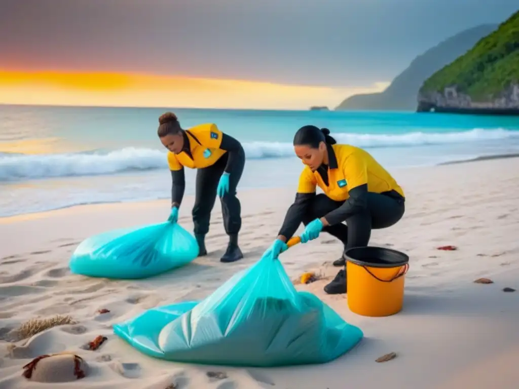 Equipo de crucero limpiando la playa al atardecer en una isla remota