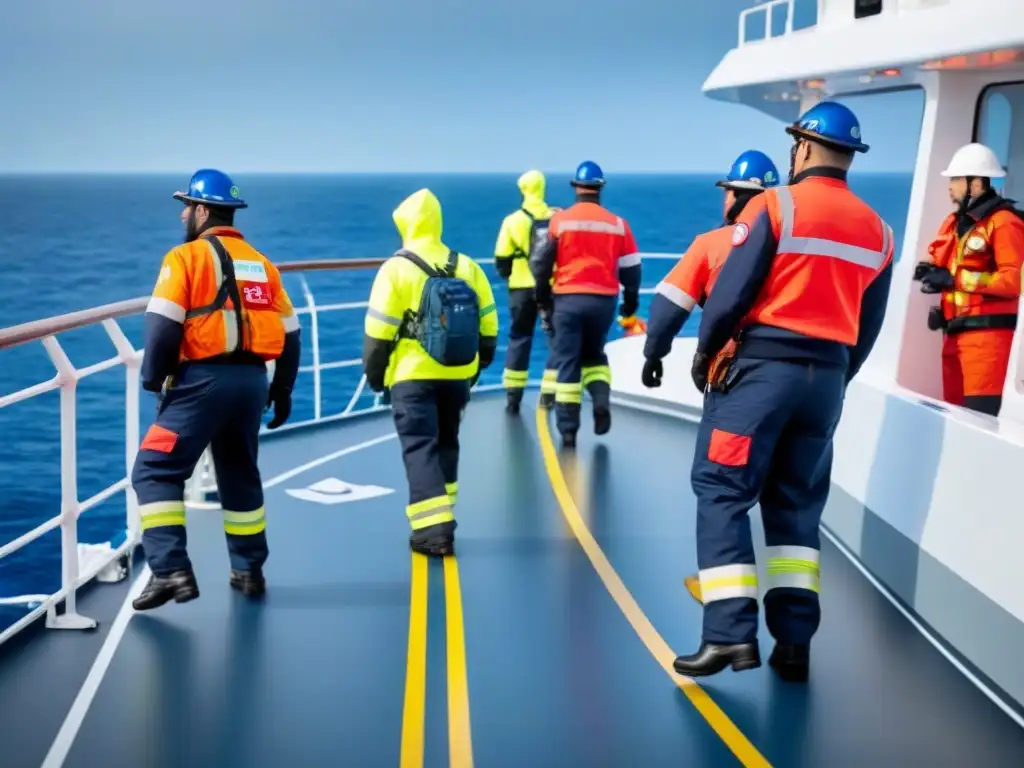 Equipo de tripulación en crucero realizando protocolos de seguridad en alta mar