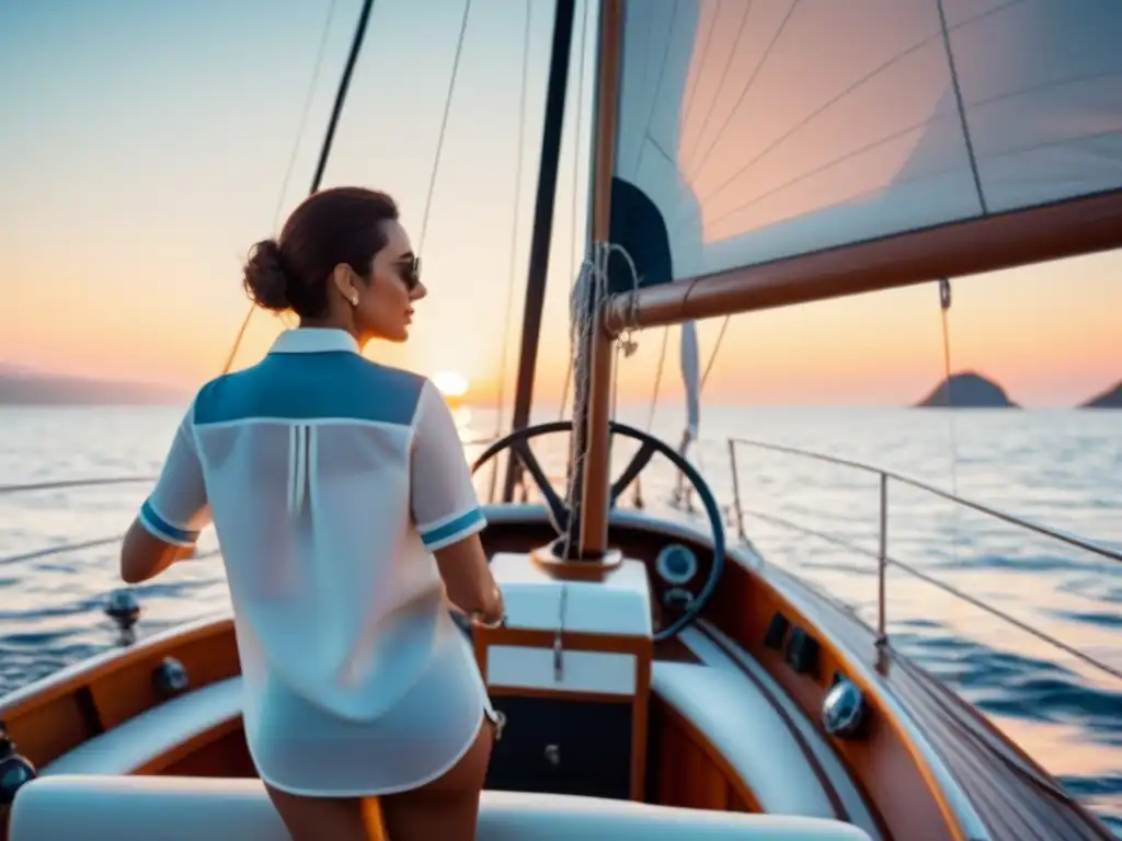 Un equipo diverso de mujeres con confianza navegando en un velero al atardecer, simbolizando unidad y empoderamiento