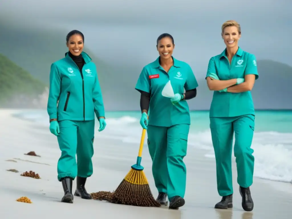 Un equipo diverso de tripulantes de crucero colabora en limpiar una playa, mostrando su compromiso con la conservación marina en cruceros